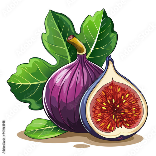A Whole and Halved Fig with Green Leaves