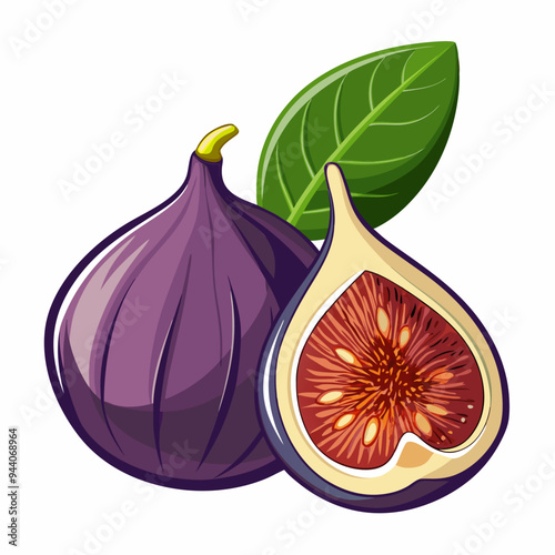 A Whole and Half Fig with Green Leaf