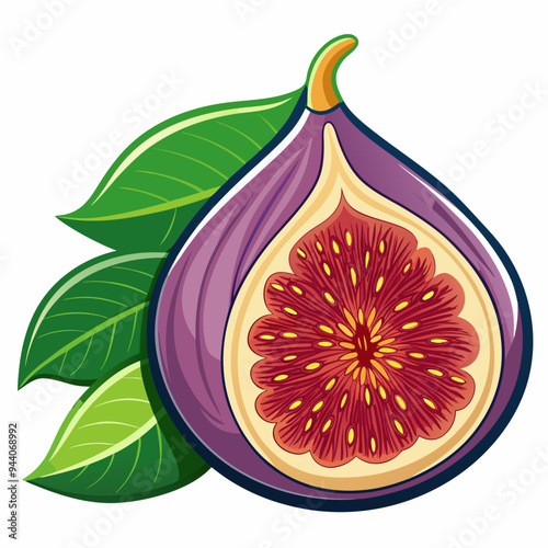 A Halved Fig with Green Leaves