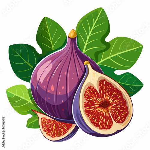 Whole and Sliced Figs with Green Leaves