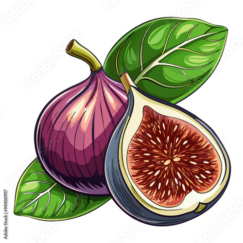 Whole and Sliced Fig with Green Leaves