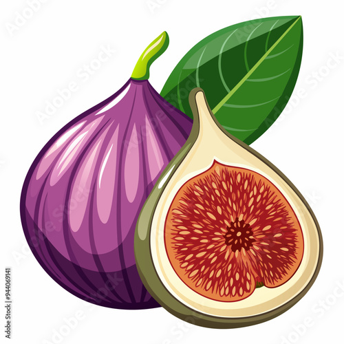 A Whole and a Sliced Fig with a Leaf