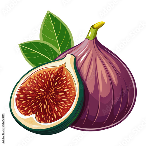 Whole and Halved Fig with Green Leaves