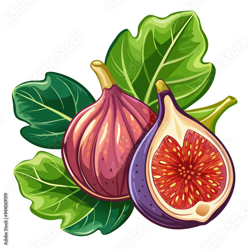 Whole and Sliced Figs with Green Leaves