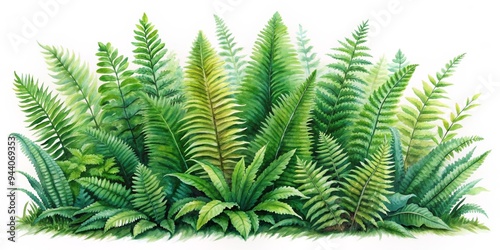 Wallpaper Mural Watercolor Painting of Lush Green Fern Fronds, Illustrating a Serene Forest Landscape Torontodigital.ca