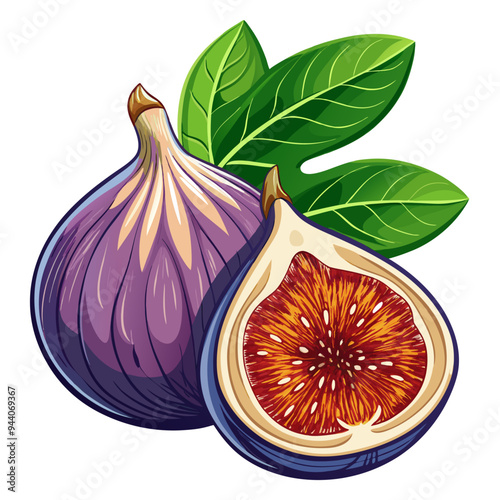 Whole and Sliced Fig with Green Leaves