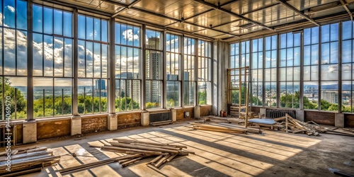 Sunbeams Through Windows in Abandoned Building with View of City Skyline