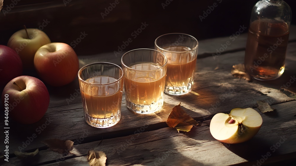 Apple juice on the wooden table, autumn style Apple juice on the wooden table, autumn style