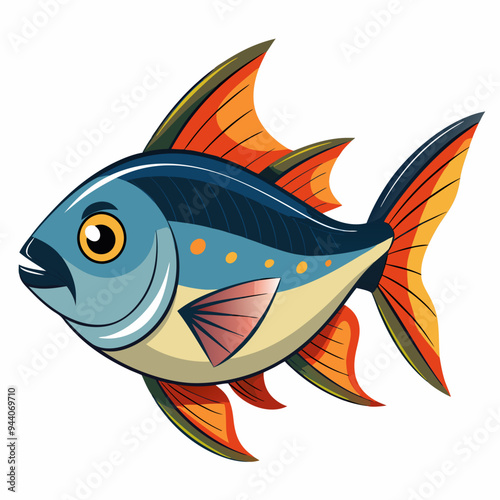 Cartoon Illustration of a Blue and Orange Fish with Large Fins