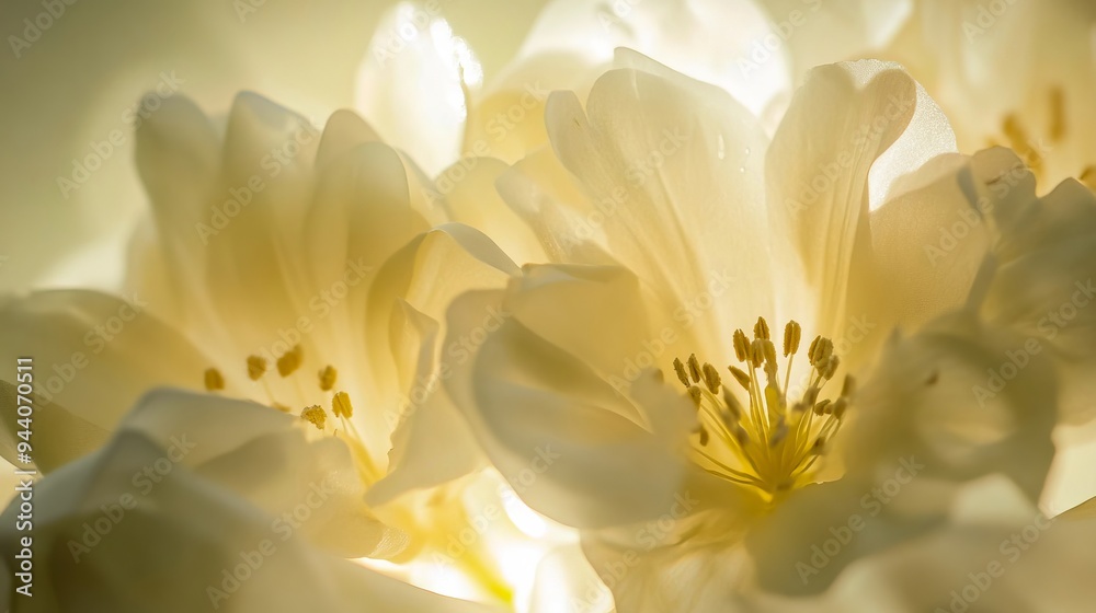 A close up of a bunch of white flowers with yellow stamens A close up of a bunch of white flowers with yellow stamens