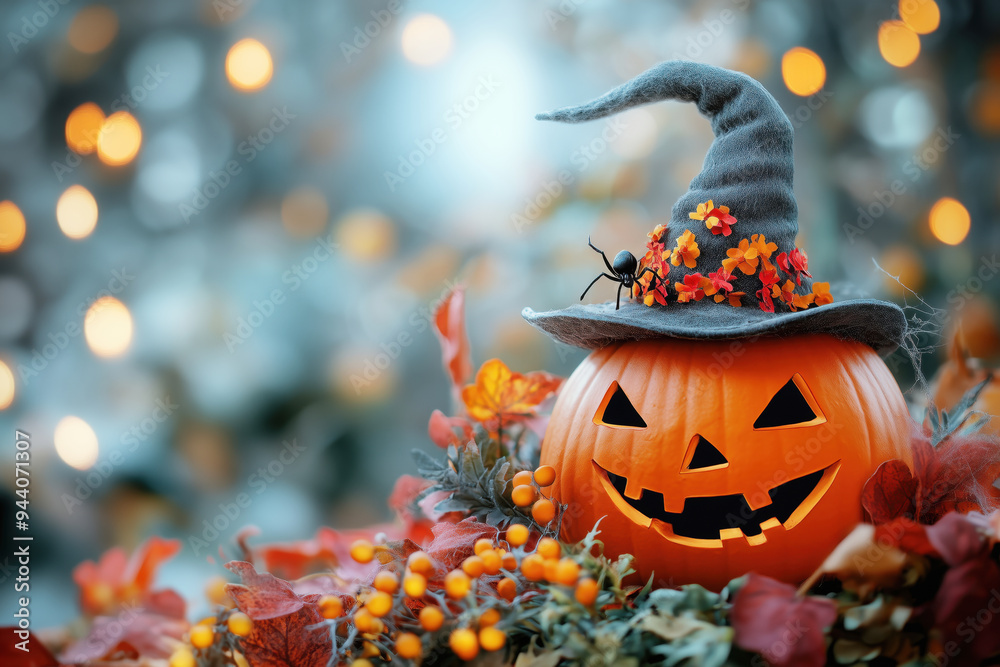 Naklejka premium Halloween decoration in the garden. Natural background with copy space haloween pumpkin lantern in witch hat, spider, autumn leaves and berries