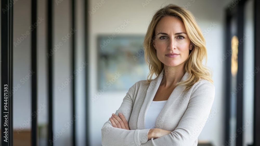 A confident businesswoman stands with crossed arms radiating professionalism in a bright office A confident businesswoman stands with crossed arms radiating professionalism in a bright office
