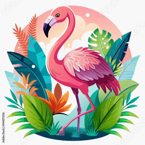 Pink Flamingo Standing in Tropical Foliage