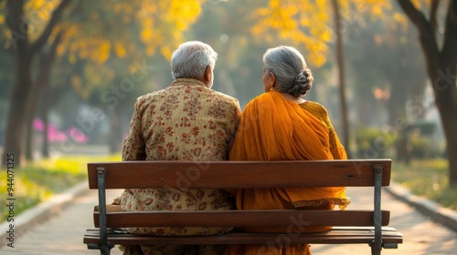 peaceful retirement concept indian retired couple enjoys the park while sitting on a bench traditional vibes captured in a banner design