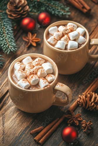 Mini marshmallows stuffed into two cups and two Christmas decorations