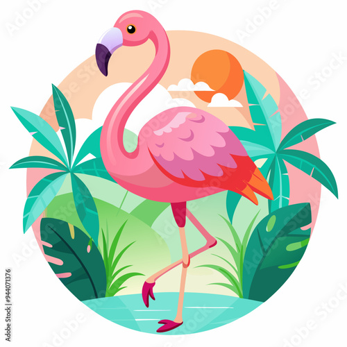 Pink Flamingo Standing in Tropical Foliage with a Sunset in the Background