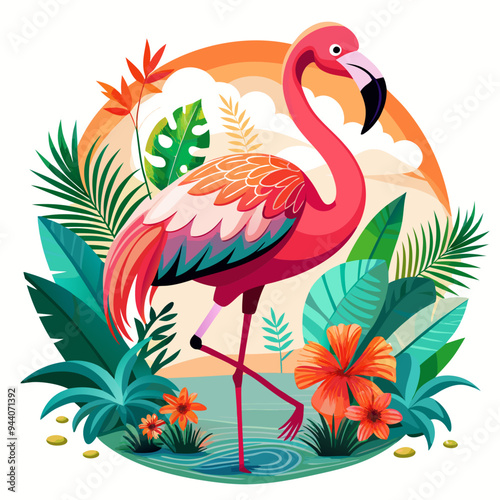 Pink Flamingo Standing in Tropical Lagoon