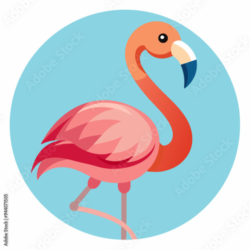 Pink Flamingo Standing on One Leg in a Blue Circle