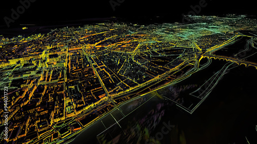 Technical aerial visual, 3D LiDAR GIS aerial map satellite scan model isolated, showing Villeurbanne, France. Elevation, topography, render