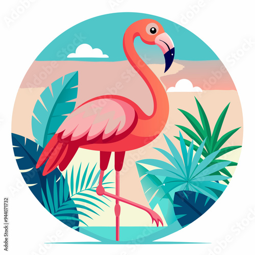 A Pink Flamingo Standing in Tropical Foliage