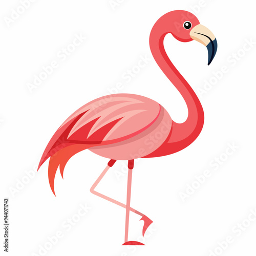 Pink Flamingo Standing on One Leg with a Curved Neck