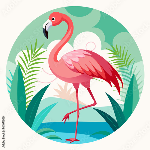 Pink Flamingo Standing in a Tropical Lagoon