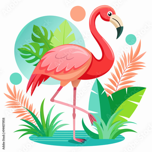 Pink Flamingo Standing in Tropical Foliage