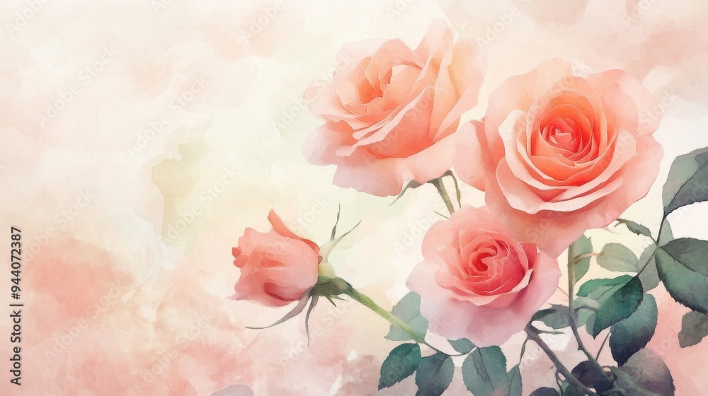 Elegant watercolor roses in shades of pink and peach set against a soft pastel background, evoking a delicate and floral atmosphere. Elegant watercolor roses in shades of pink and peach set against a soft pastel background, evoking a delicate and floral atmosphere.