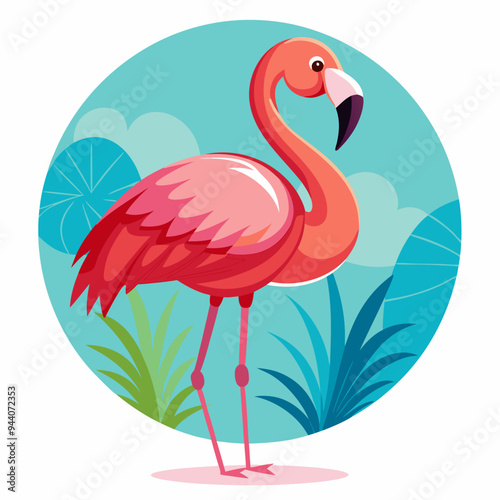 Pink Flamingo Standing in Tropical Landscape
