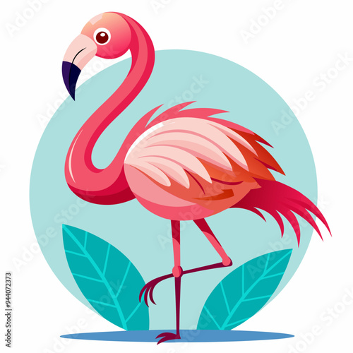 Pink Flamingo with Blue Leaves on a Pastel Blue Circle Background