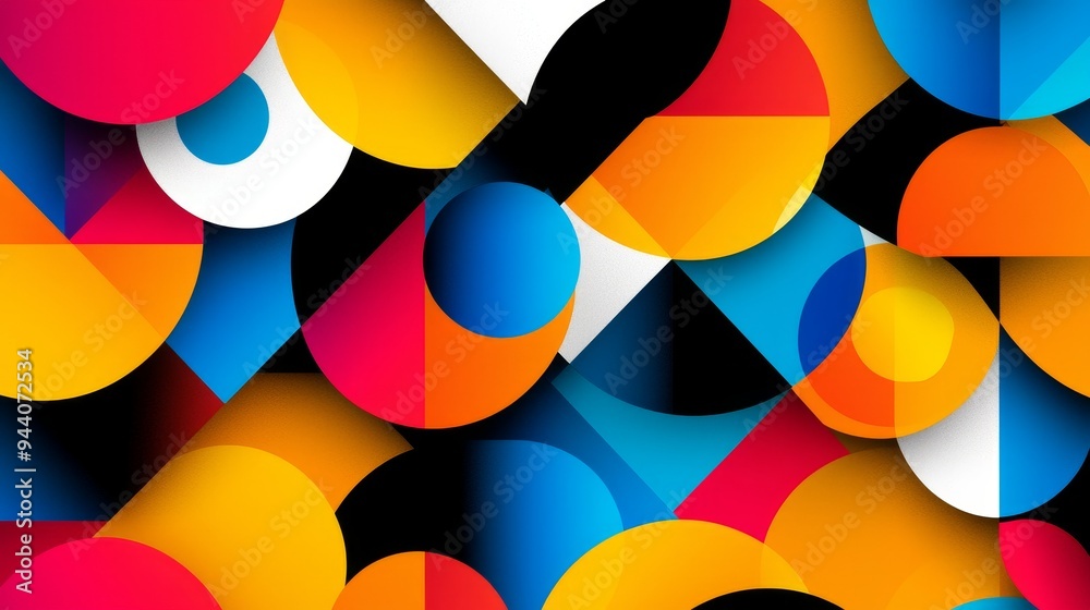 A repeating geometric pattern with interlocking triangles and circles in bold, contrasting colors A repeating geometric pattern with interlocking triangles and circles in bold, contrasting colors