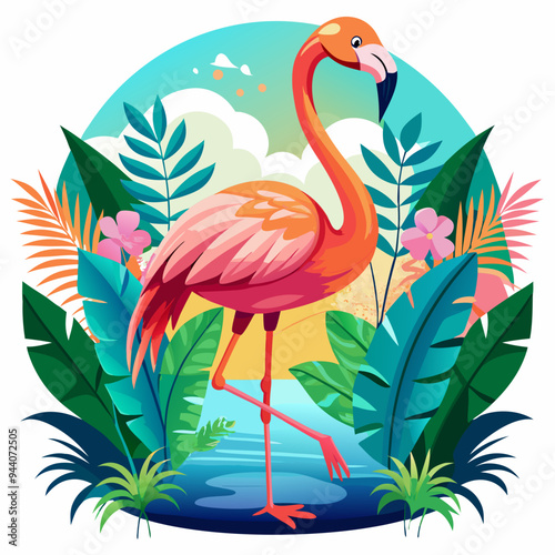 Pink Flamingo Standing in Tropical Foliage