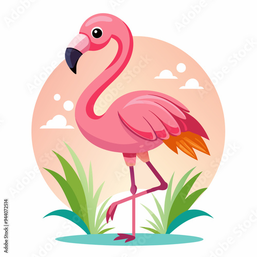 Pink Flamingo Standing in Grass with a Sunset Background