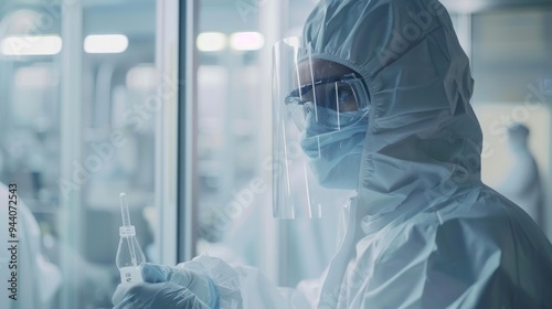 Lab worker in protective suit examines a vial