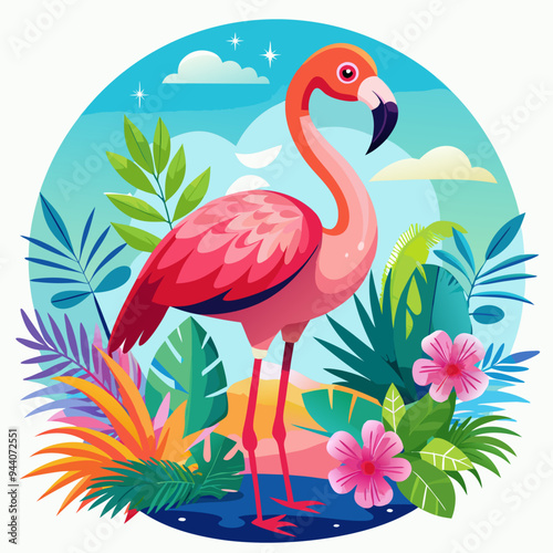 Pink Flamingo Standing in Tropical Paradise