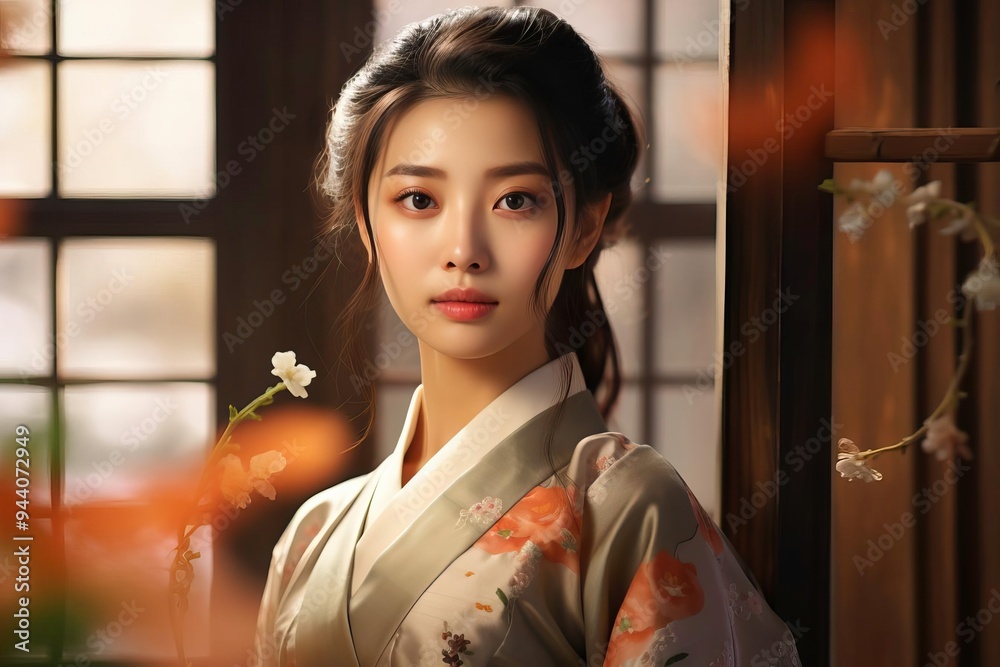 A serene woman in traditional attire stands gracefully, illuminated by soft light in an elegant indoor setting. A serene woman in traditional attire stands gracefully, illuminated by soft light in an elegant indoor setting.