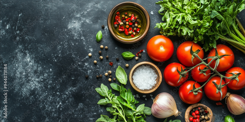A vibrant display of assorted tomatoes, fresh herbs, and various spices spread out on a dark table, capturing the essence of freshness and culinary richness. A vibrant display of assorted tomatoes, fresh herbs, and various spices spread out on a dark table, capturing the essence of freshness and culinary richness.