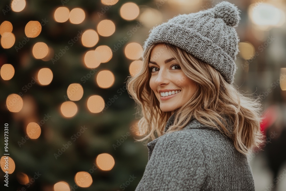 A contemplative woman sits in front of Christmas trees wearing a knitted hat