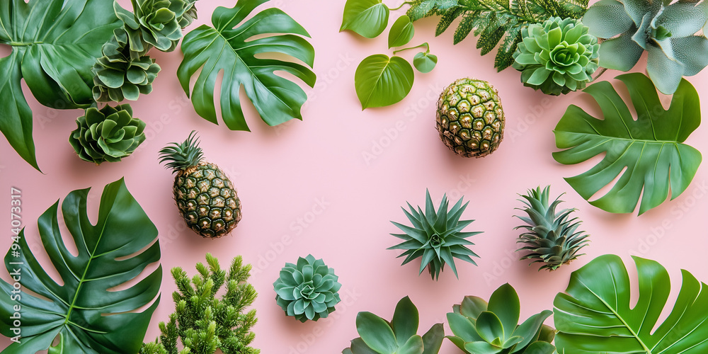 Fototapeta premium A bright and eye-catching arrangement of various succulents and pineapples laid out on a pastel pink background, giving a fresh, summery vibe to the composition.