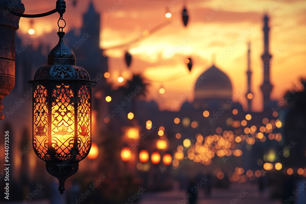 Islamic Ramadan Traditional Lantern Overlooking Sunset Cityscape with Mosques