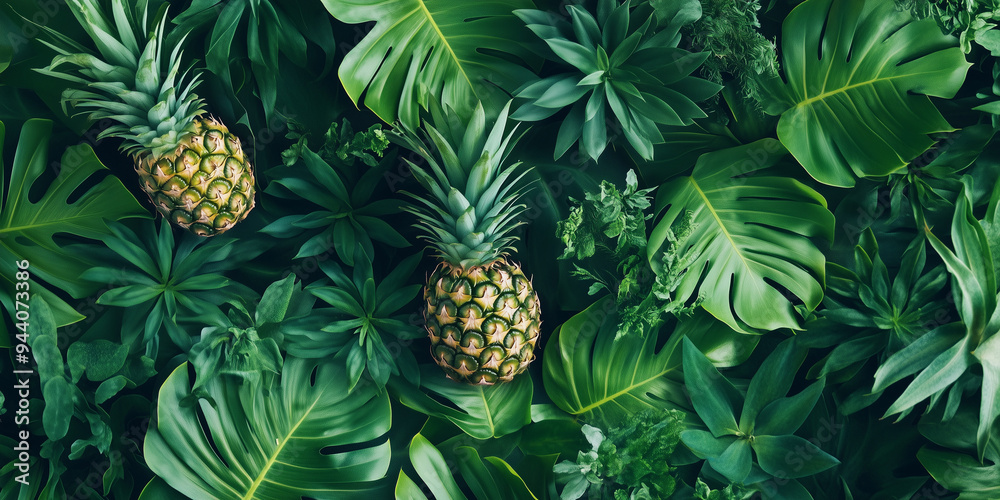 Obraz premium A dense collection of green tropical leaves, mixed with pineapples, conjures up an image of an enchanting jungle, full of lush greenery and inviting vibrancy.