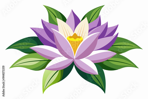 Purple and White Water Lily with Green Leaves