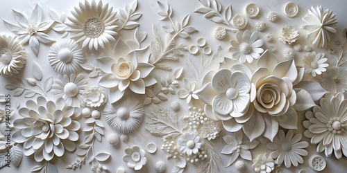 Fototapeta Naklejka Na Ścianę i Meble -  Whimsical White Floral Wall Art - Paper Flowers in 3D, a Delicate Symphony of Elegance