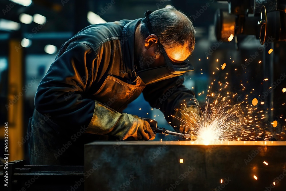 A skilled worker engages in metalworking, creating sparks while diligently shaping materials in a well-lit workshop. A skilled worker engages in metalworking, creating sparks while diligently shaping materials in a well-lit workshop.