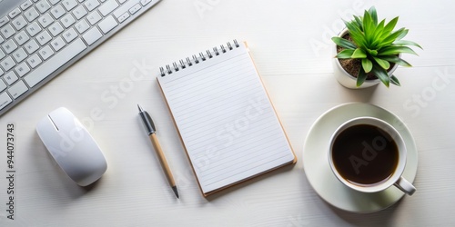 White Desk Minimalism Notebook, Coffee, Plant, Keyboard and Mouse