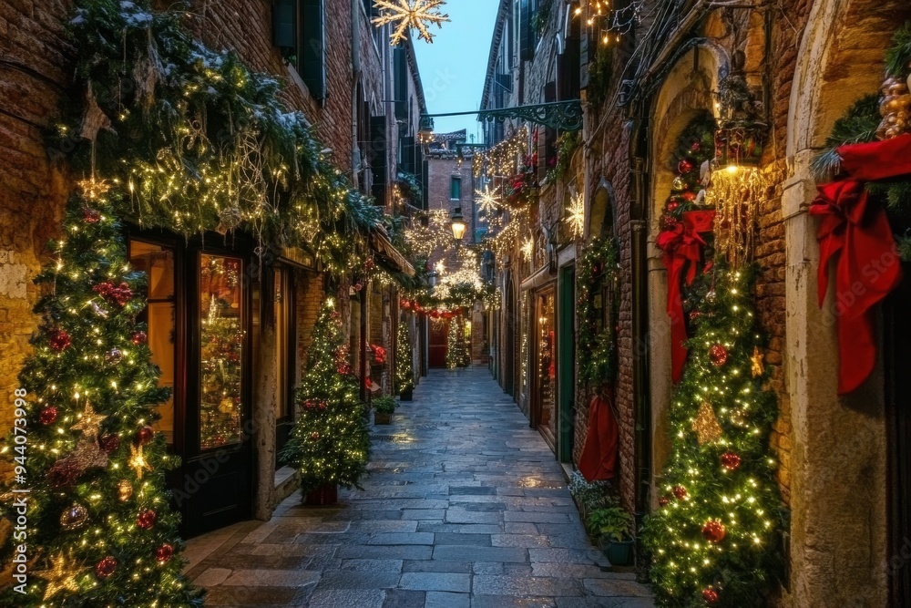 Fototapeta premium Venice, Italy, Christmas decoration on a canal