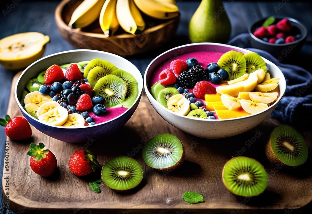colorful vibrant smoothie bowls topped array fresh fruits including kiwi deliciously healthy breakfast option, artisan, appetizing, balanced, berries, blended colorful vibrant smoothie bowls topped array fresh fruits including kiwi deliciously healthy breakfast option, artisan, appetizing, balanced, berries, blended