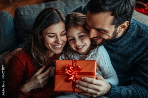 In front of her parents, a smiling girl holds a Christmas present as she sits on a sofa at home with her parents