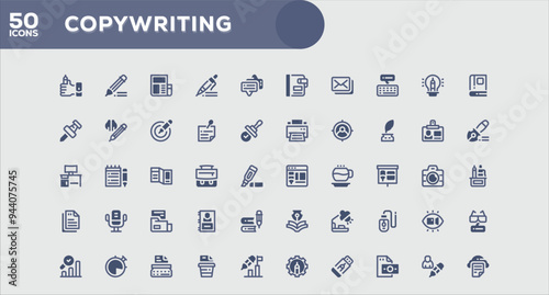 Set of 50 outline icons related to Copywriting. Linear icon collection. Editable stroke. Vector illustration