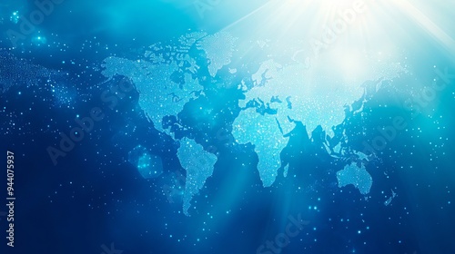 Fototapeta Naklejka Na Ścianę i Meble -  A blue world map with the sun shining through it